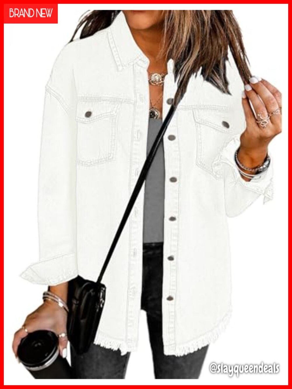Oversized Button Down Denim Jacket Frayed Hem Western Shacket